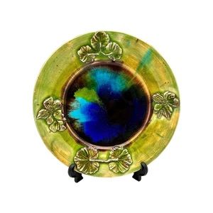 Studio Pottery Sage Leaves Majolica Decorative Plate Green & Blue